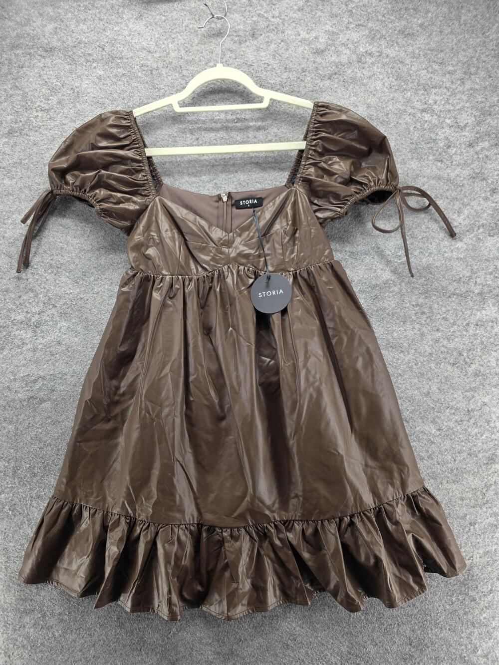 STORIA Dress Womens S Brown Mini Fit & Flare Sweetheart Puff Sleeve Lined